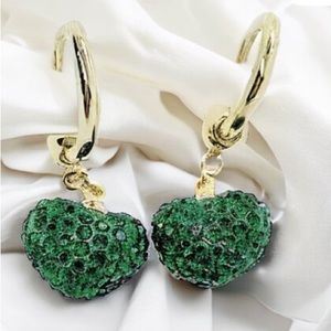 Green Crystal Sparkling Heart Hoop Dangle Earrings